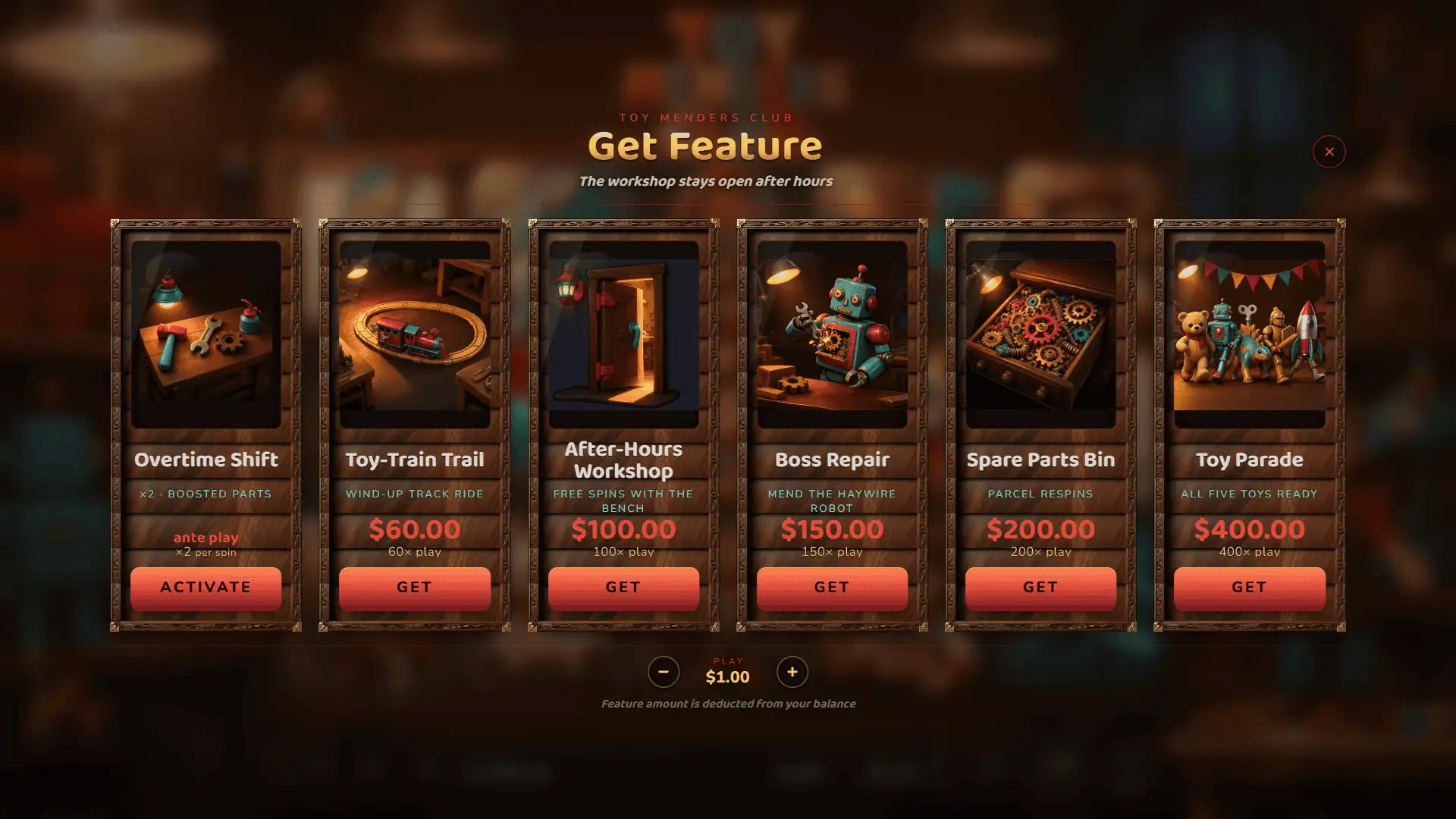 Toy Menders Club bonus buy menu