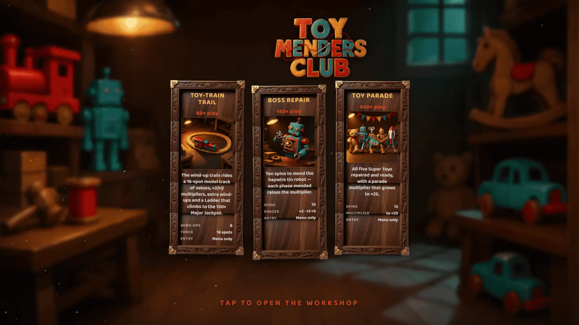 Toy Menders Club slot intro screen