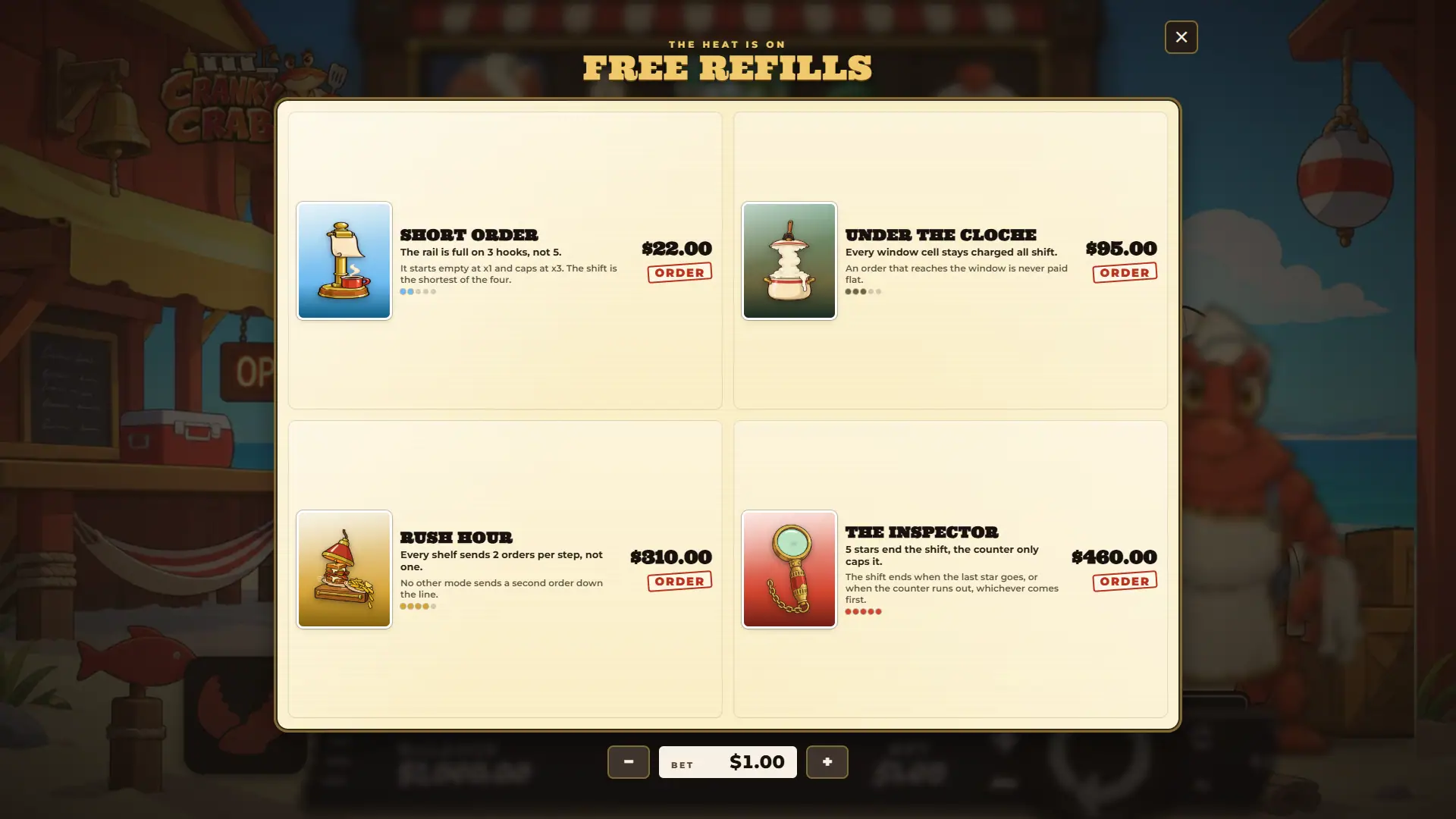 Cranky Crab bonus buy menu