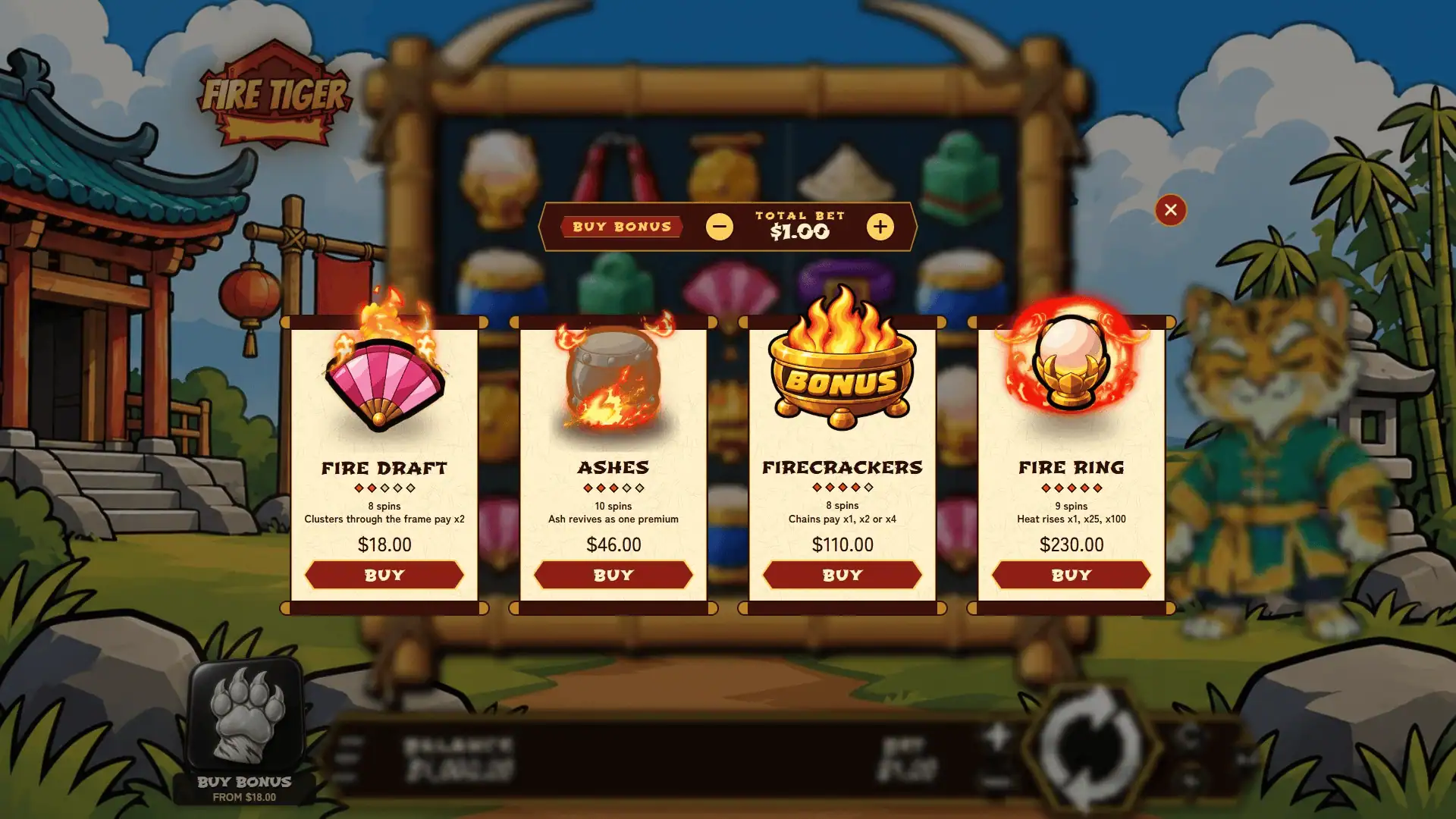 Fire Tiger bonus buy menu
