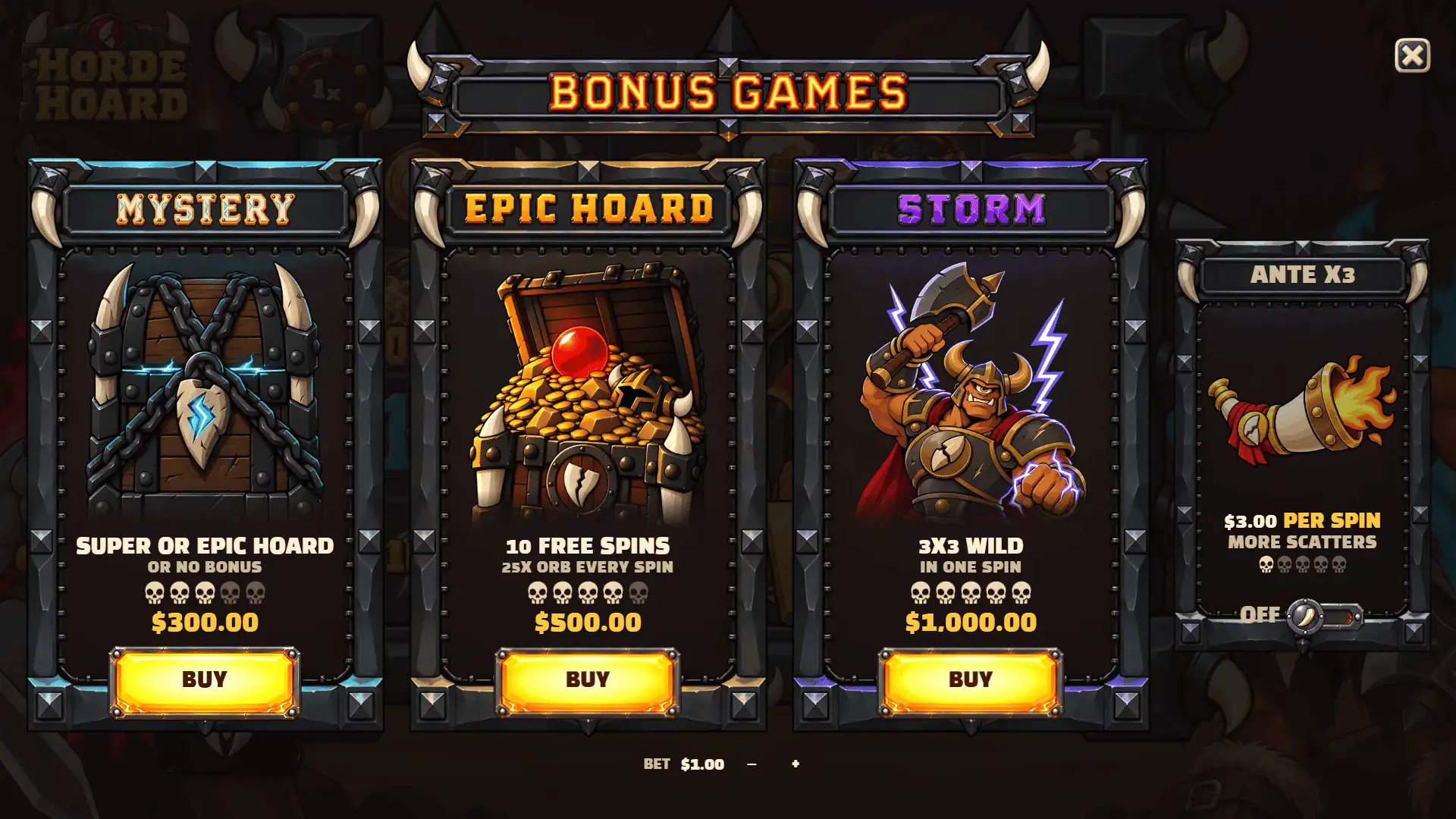 Horde Hoard bonus buy menu