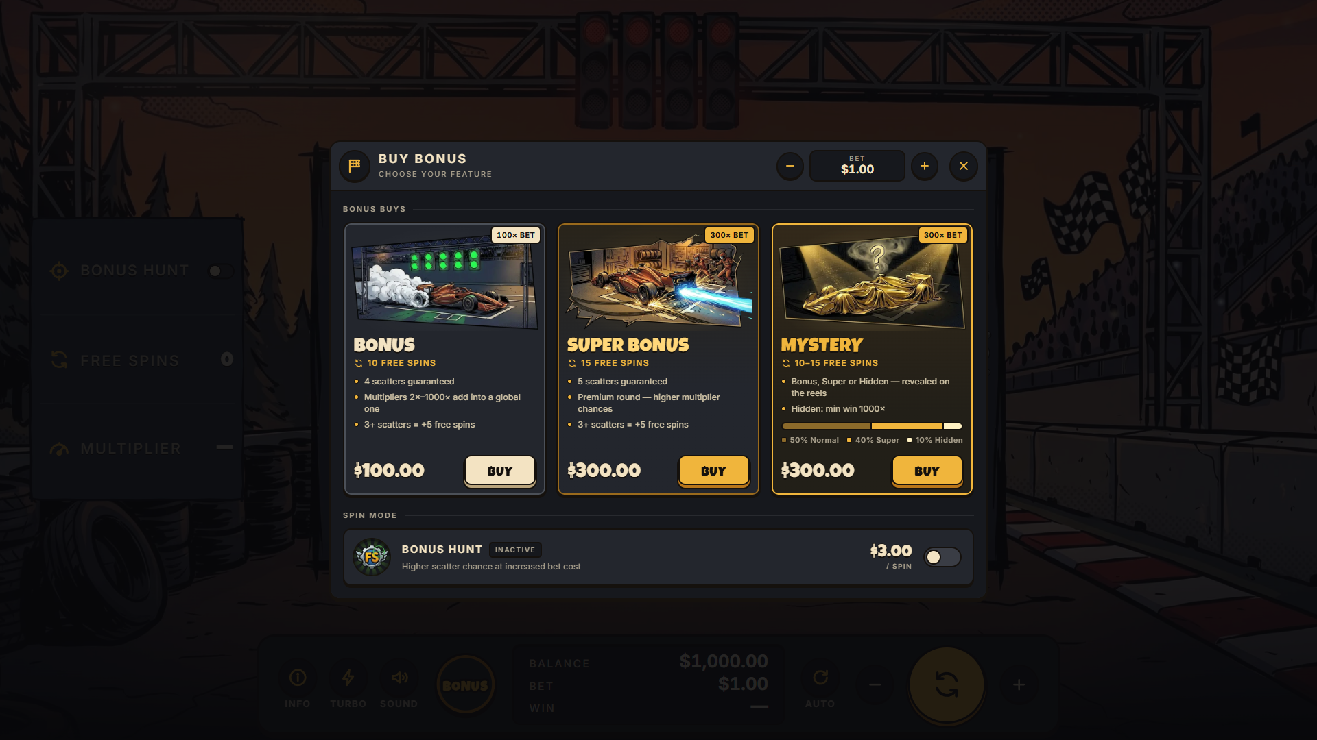 Pit-lane Cluster bonus buy menu