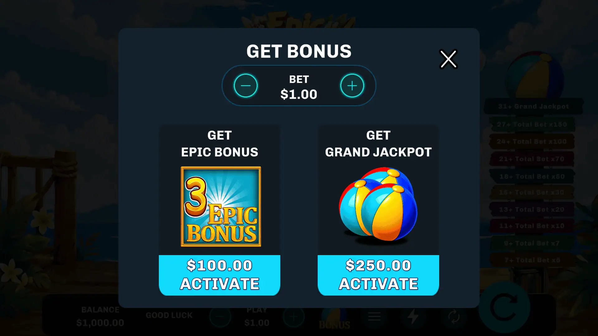 Epic Summer bonus buy menu