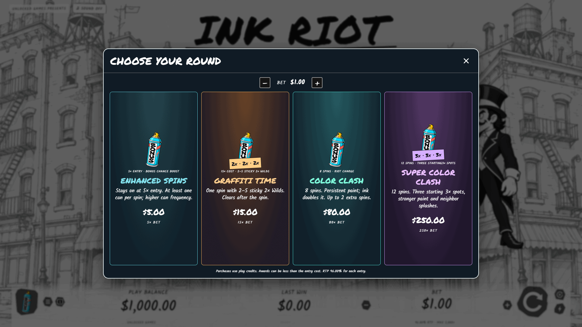 Ink Riot bonus buy menu