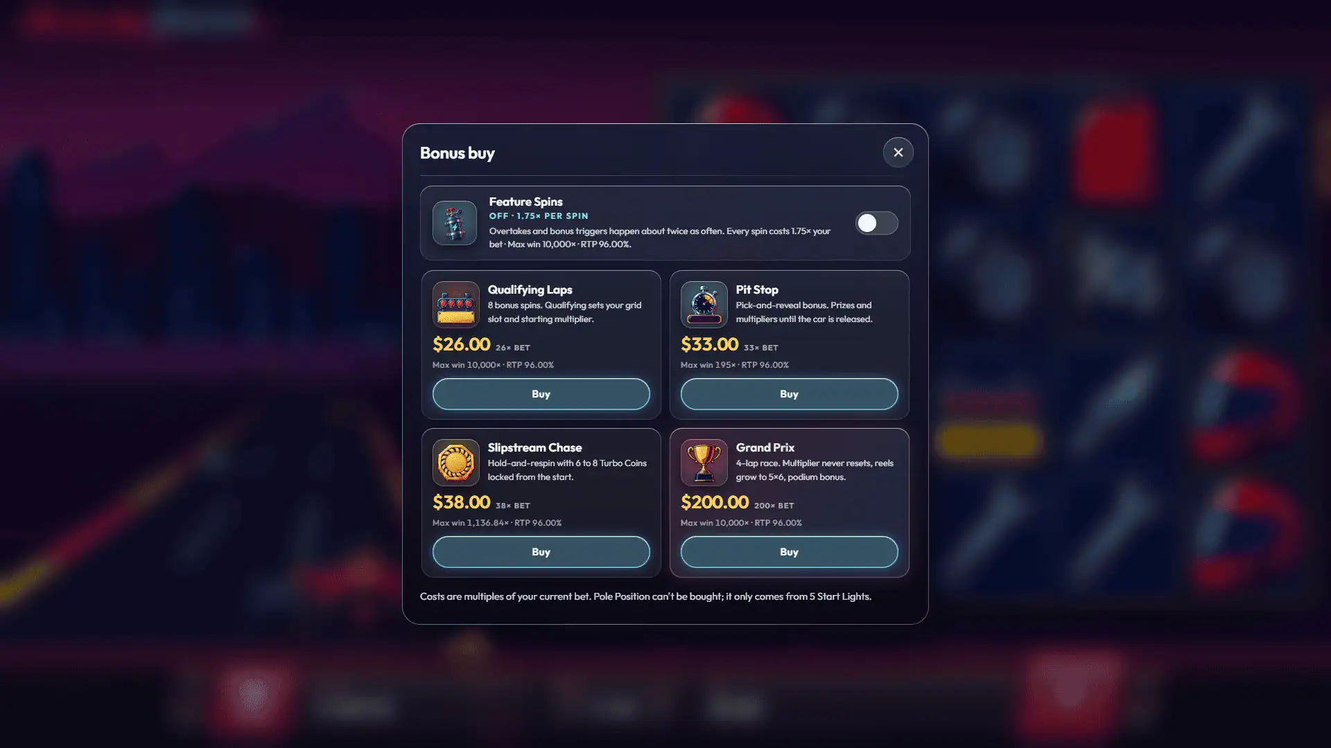 Redline Racer bonus buy menu