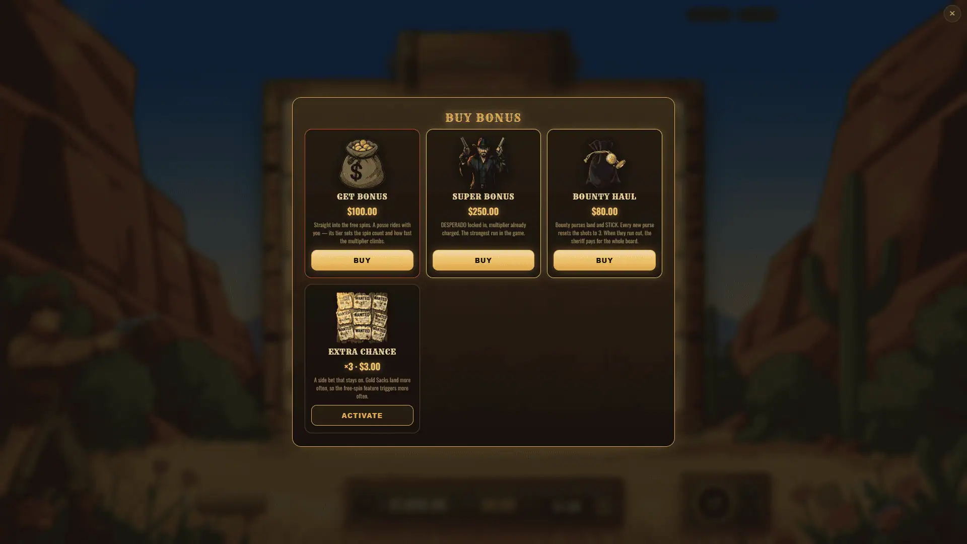 Buckshot Bill bonus buy menu