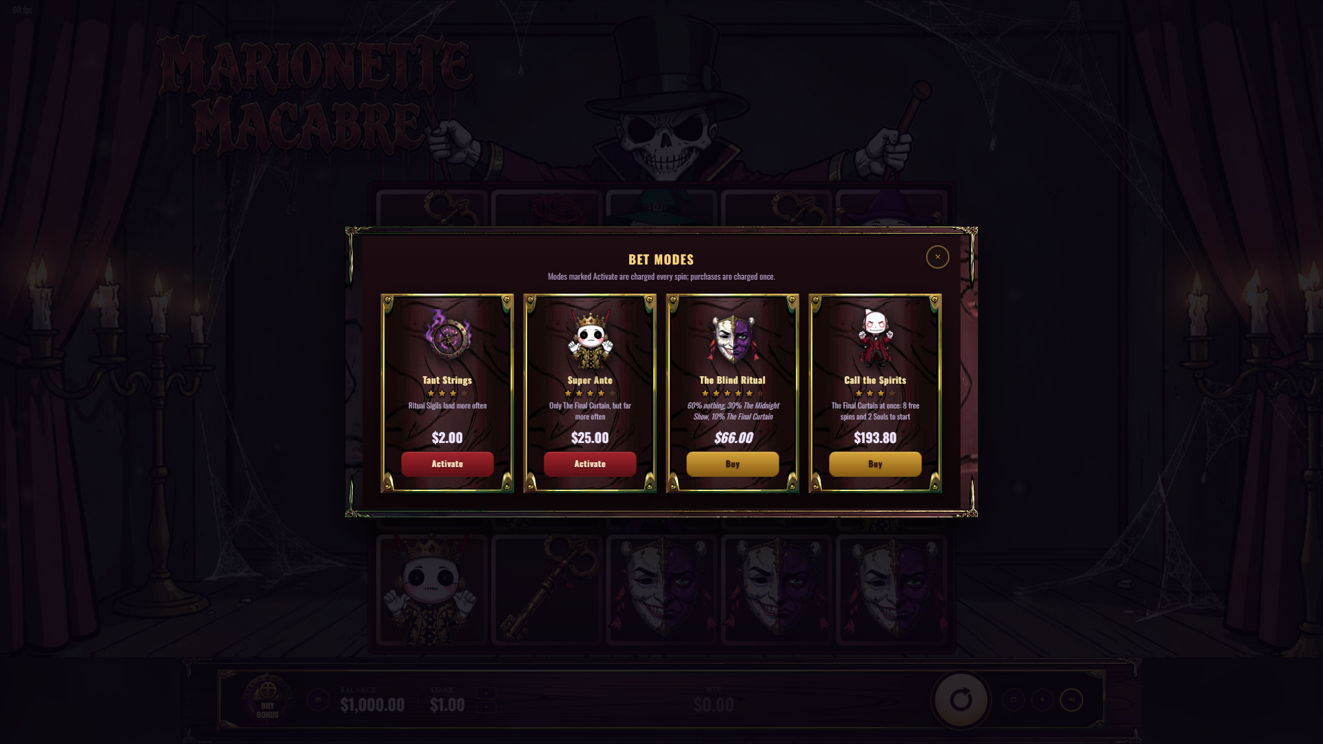 Marionette Macabre bonus buy menu