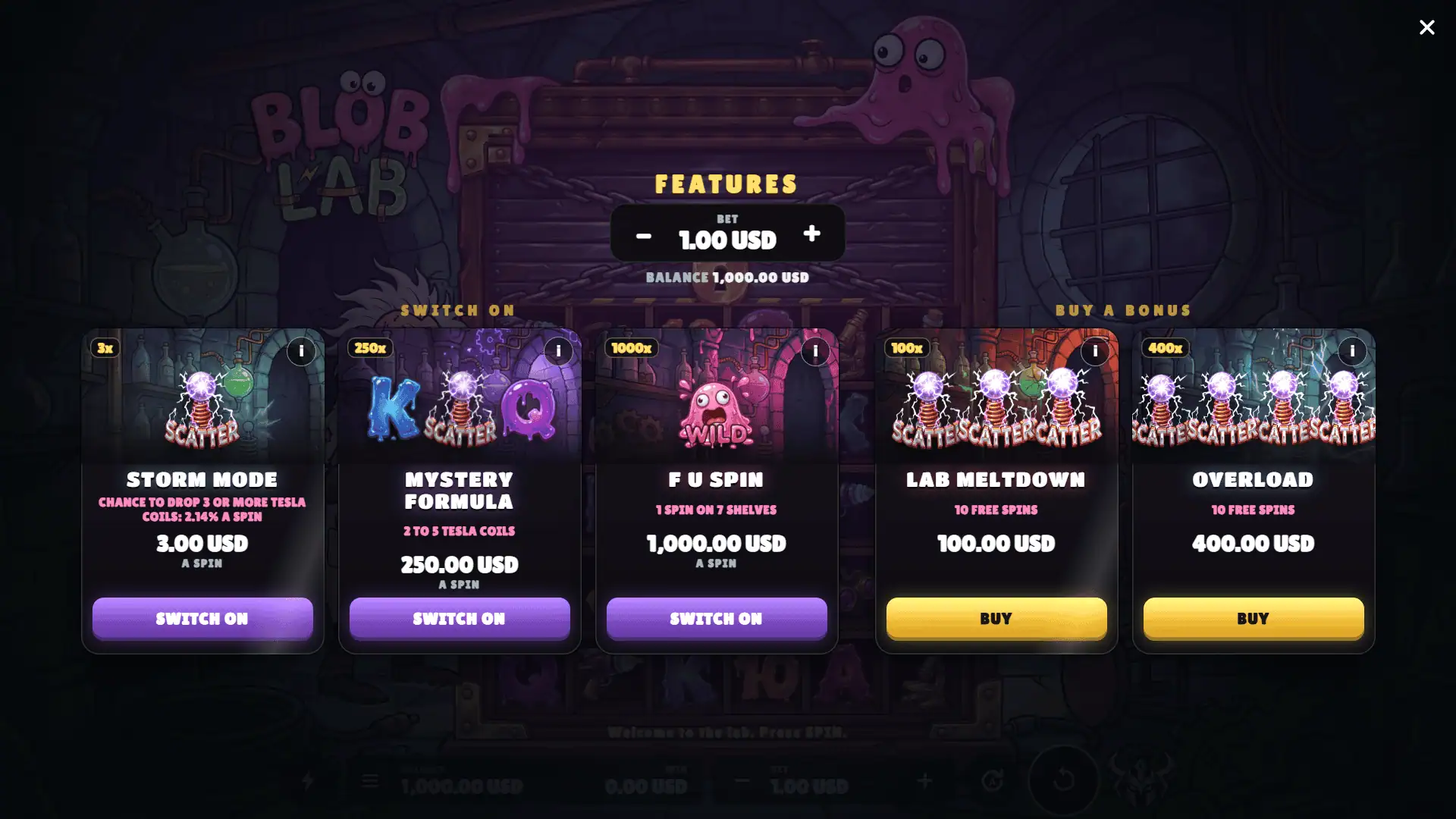 Blob Lab bonus buy menu
