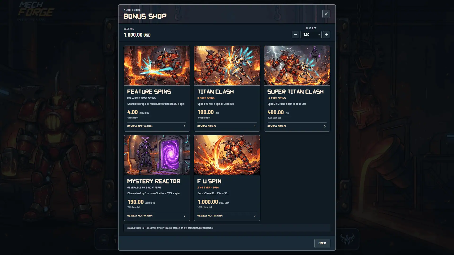 Mech Forge bonus buy menu
