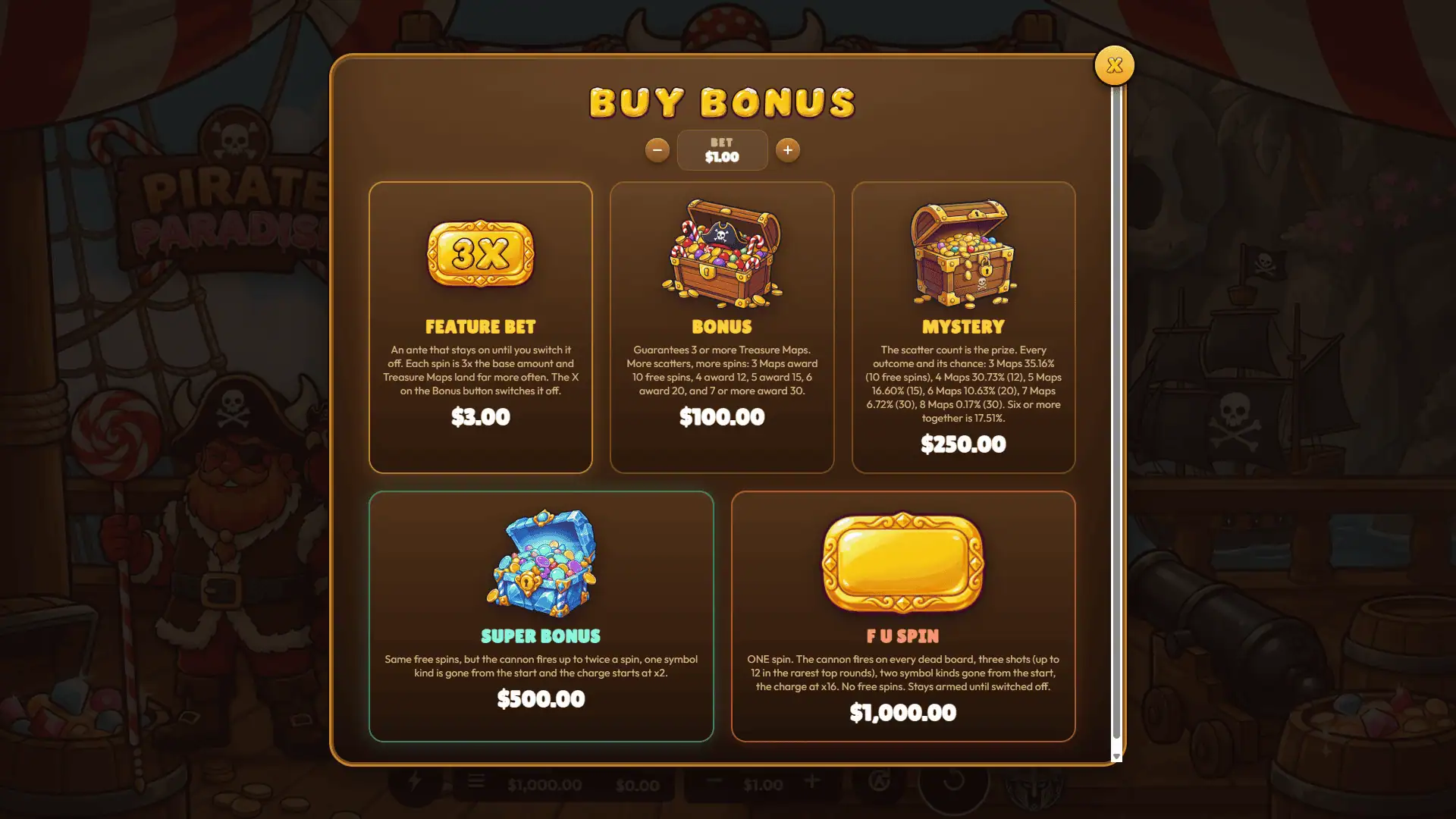 Pirate Paradise bonus buy menu
