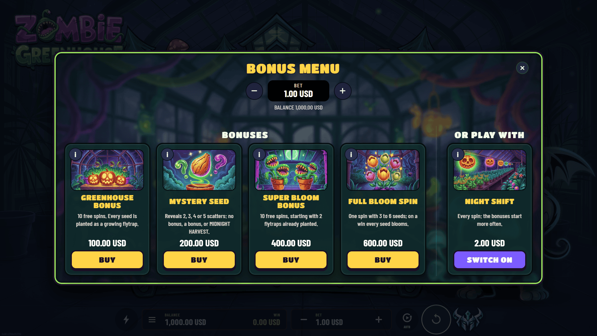 Zombie Greenhouse bonus buy menu