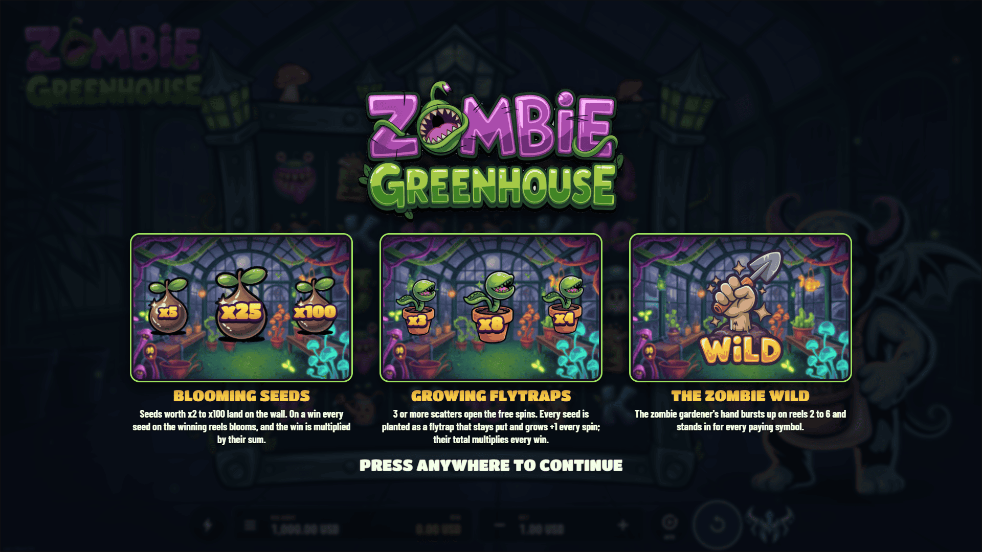 Zombie Greenhouse slot intro screen