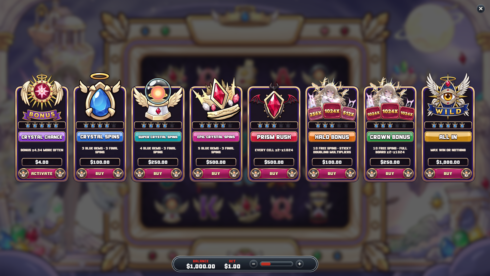 Crystal Seraph bonus buy menu