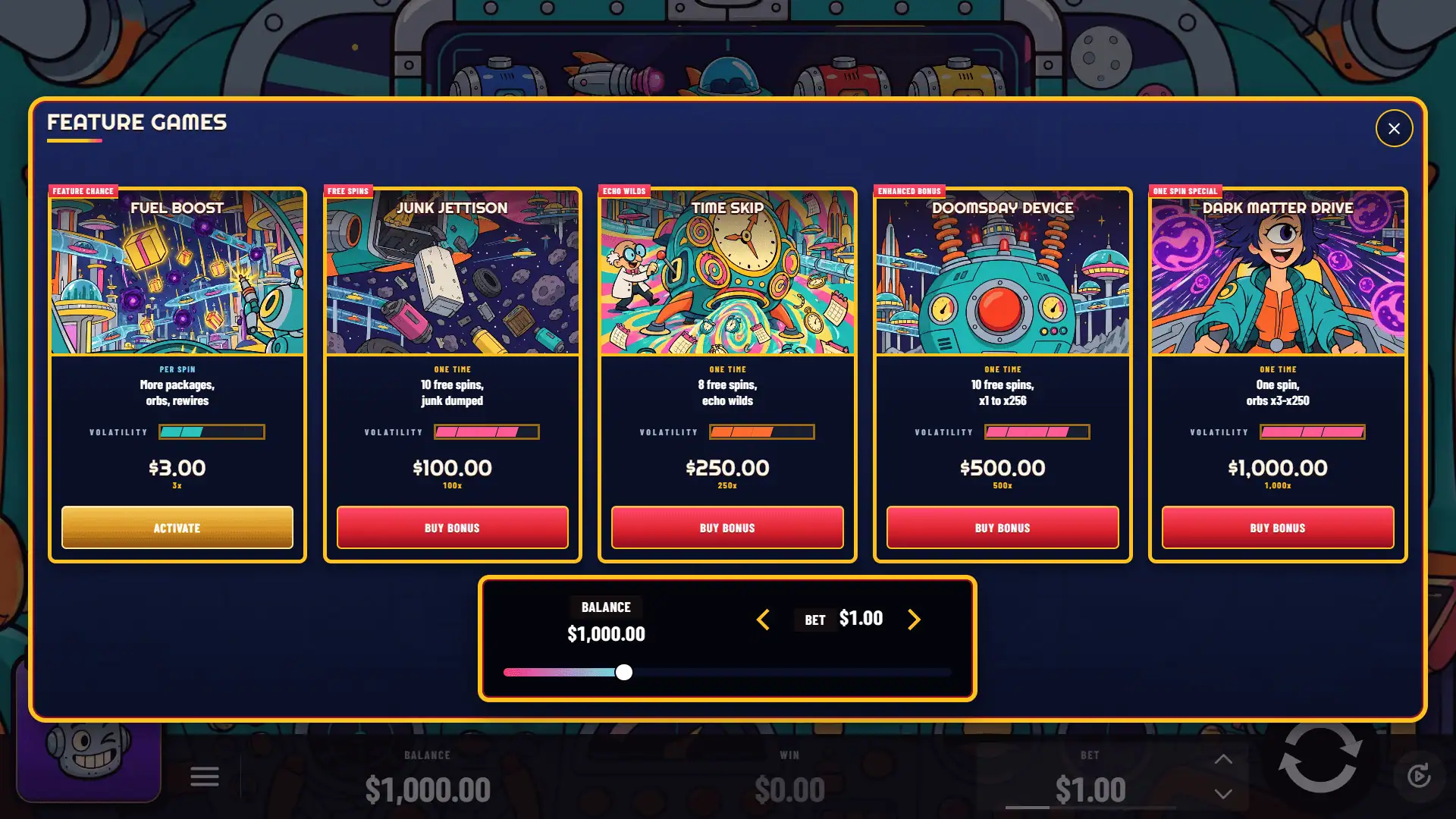 Cosmic Courier bonus buy menu
