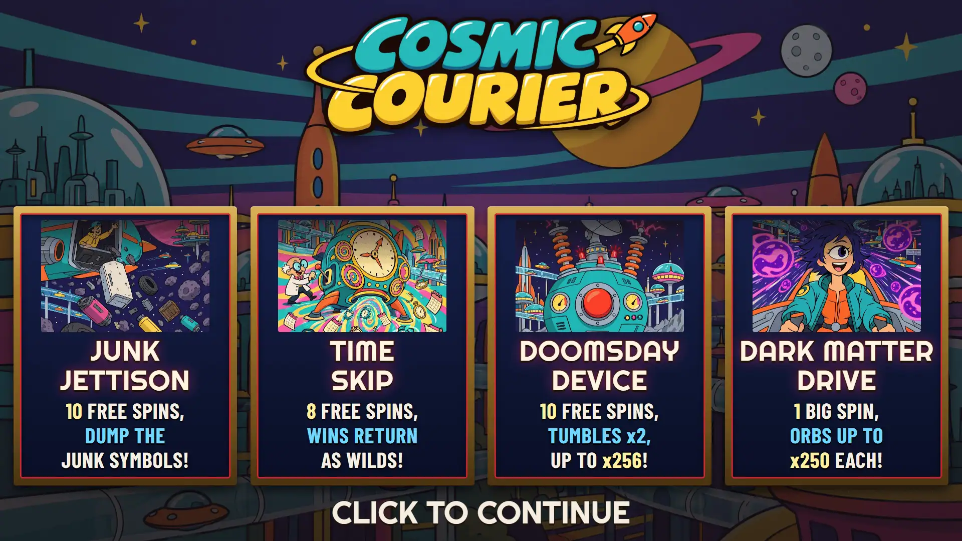 Cosmic Courier slot intro screen