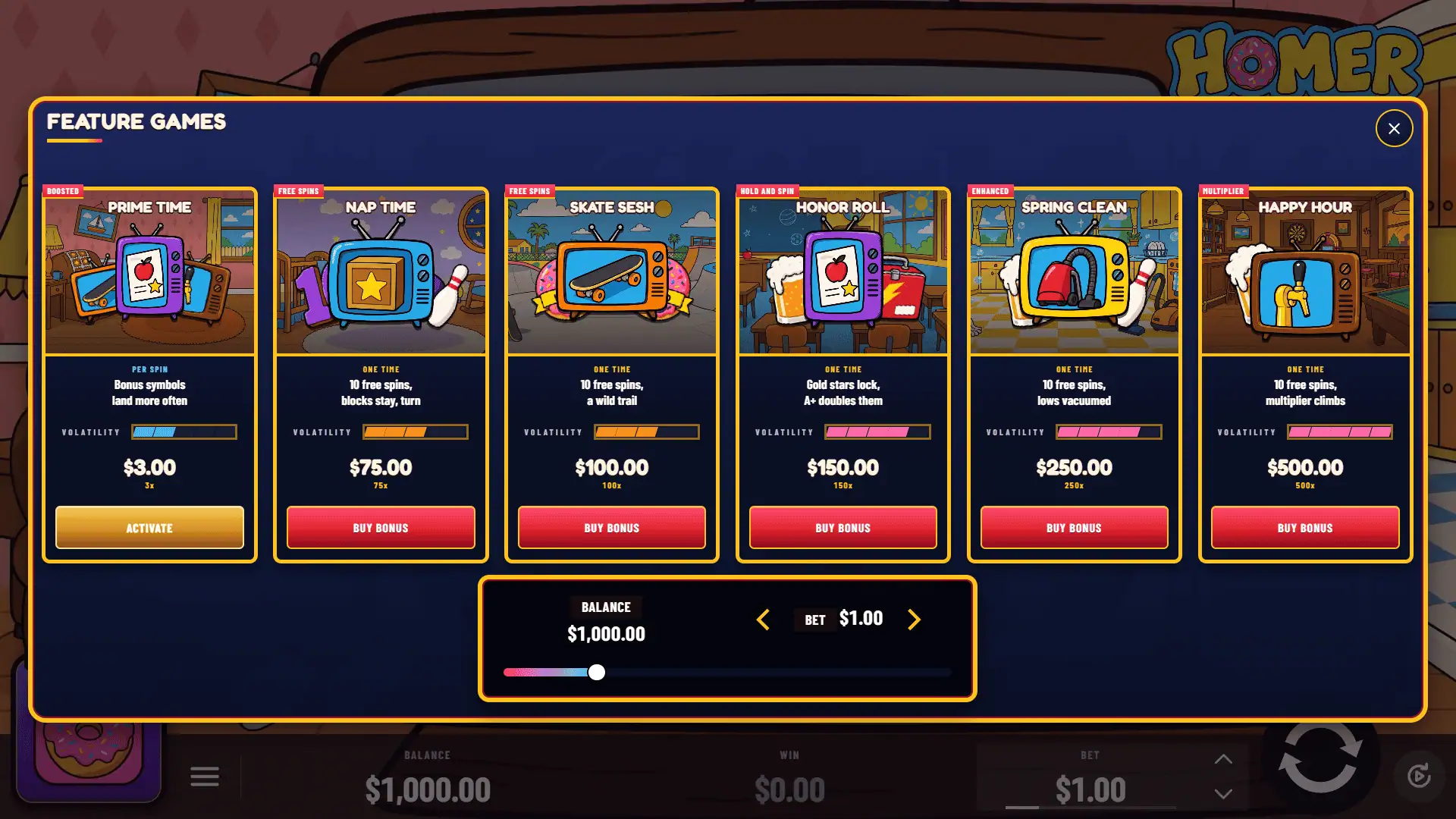 Homer bonus buy menu