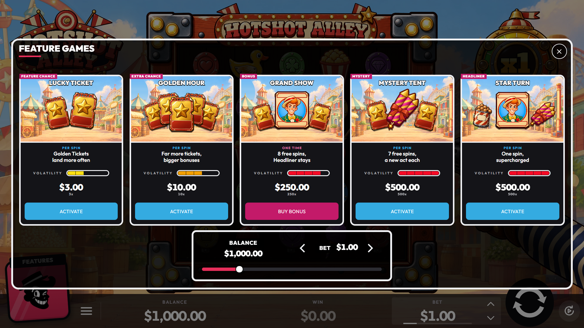 Hotshot Alley bonus buy menu