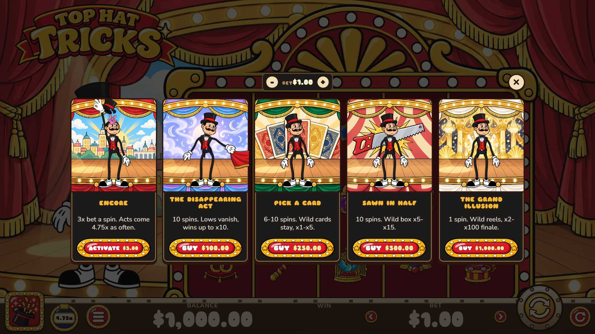 Top Hat Tricks bonus buy menu