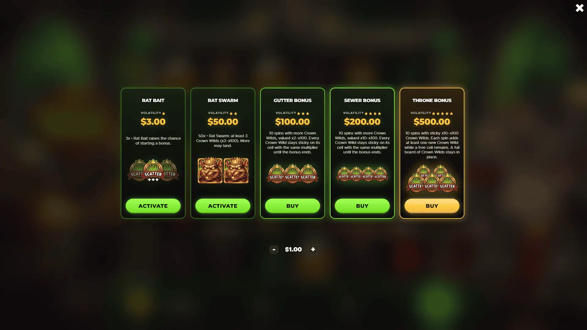 Rattle Crown bonus buy menu