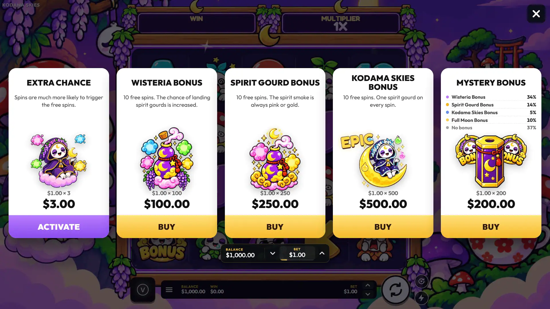 Kodama Skies bonus buy menu