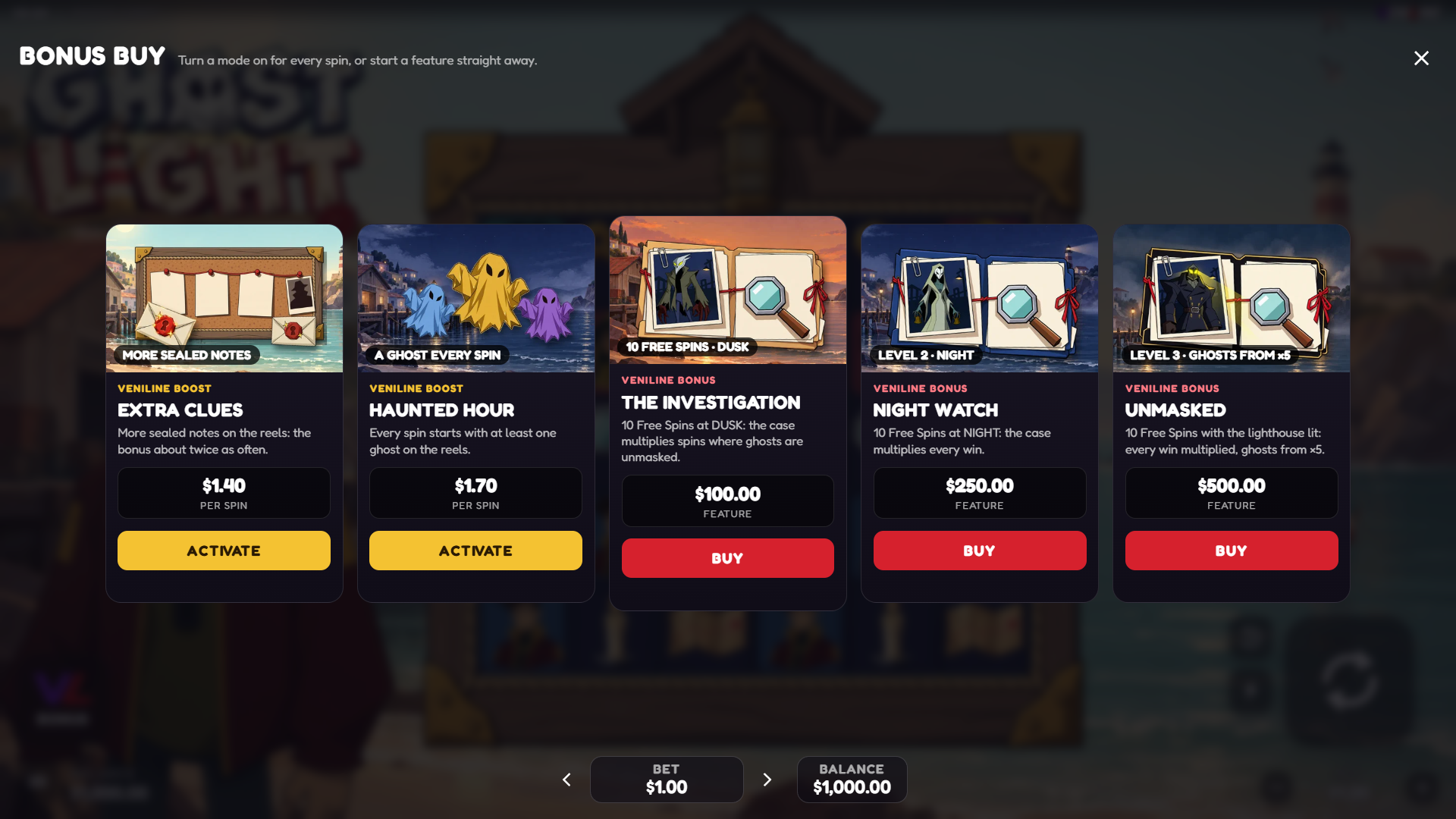 Ghost Light bonus buy menu