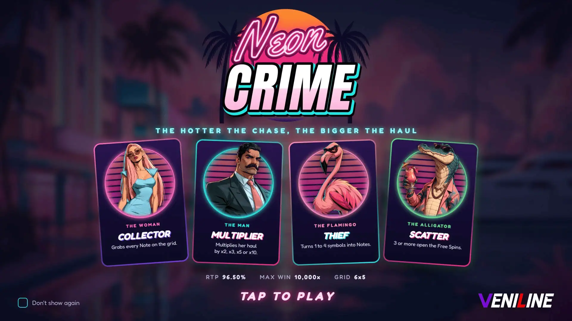 Neon Crime slot intro screen