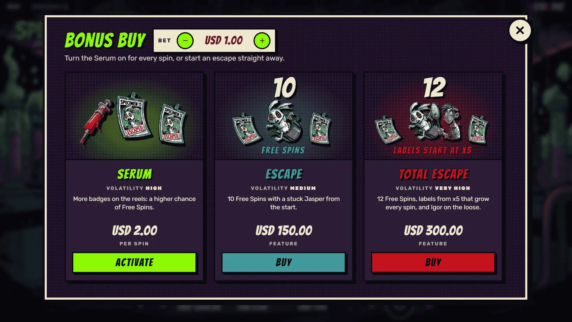 SPECIMEN 13 - Jasper&rsquo;s Escape bonus buy menu