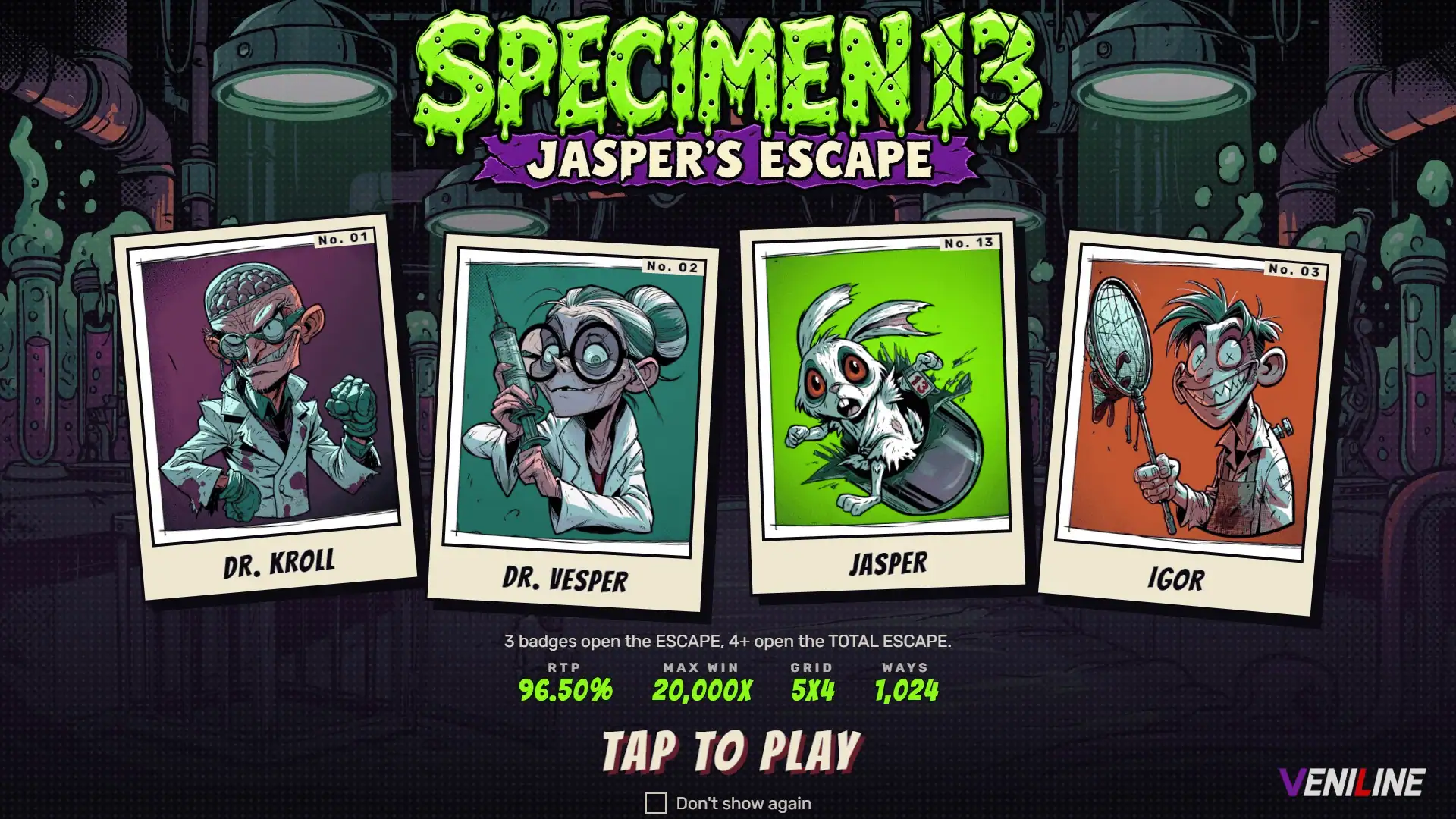 SPECIMEN 13 - Jasper&rsquo;s Escape slot intro screen