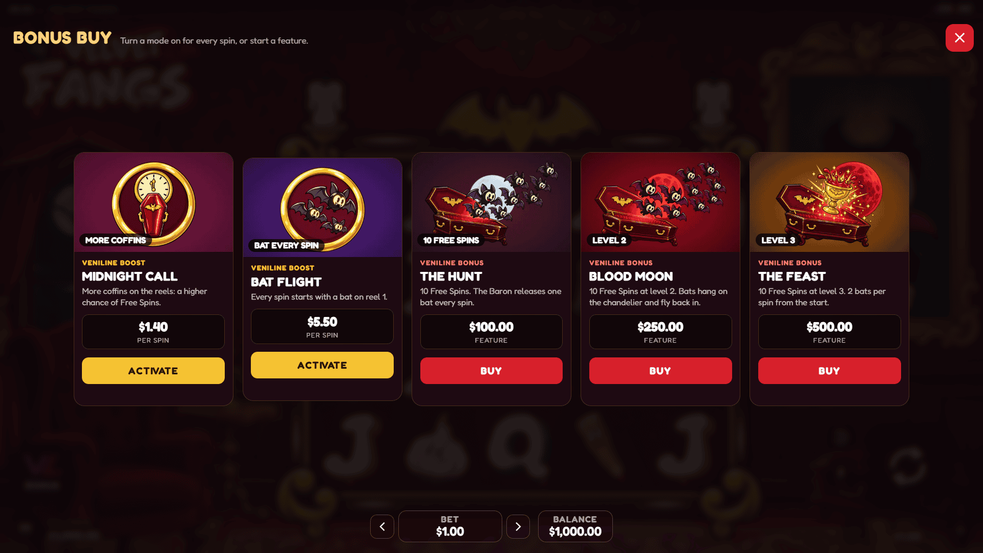 Velvet Fangs bonus buy menu