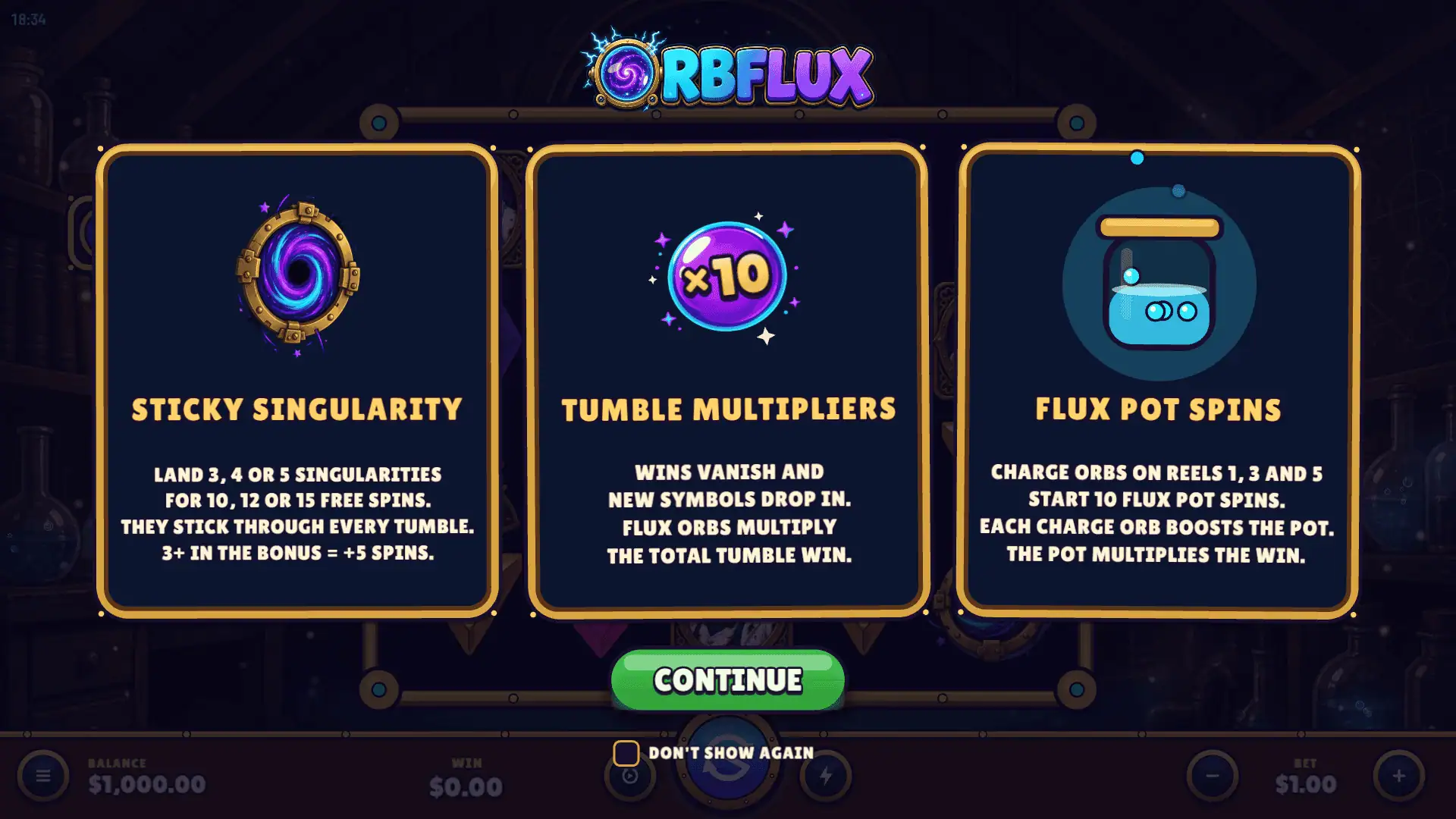 Orbflux slot intro screen