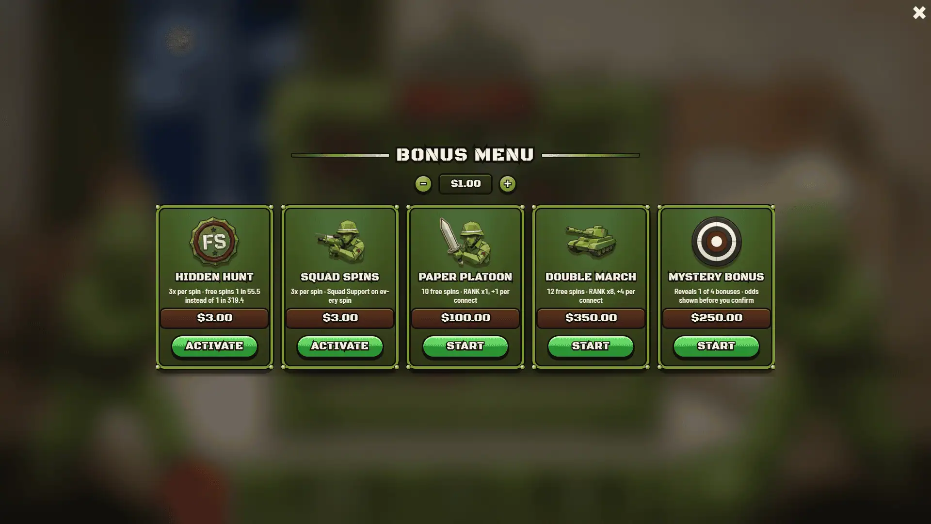 Origami Soldier bonus buy menu