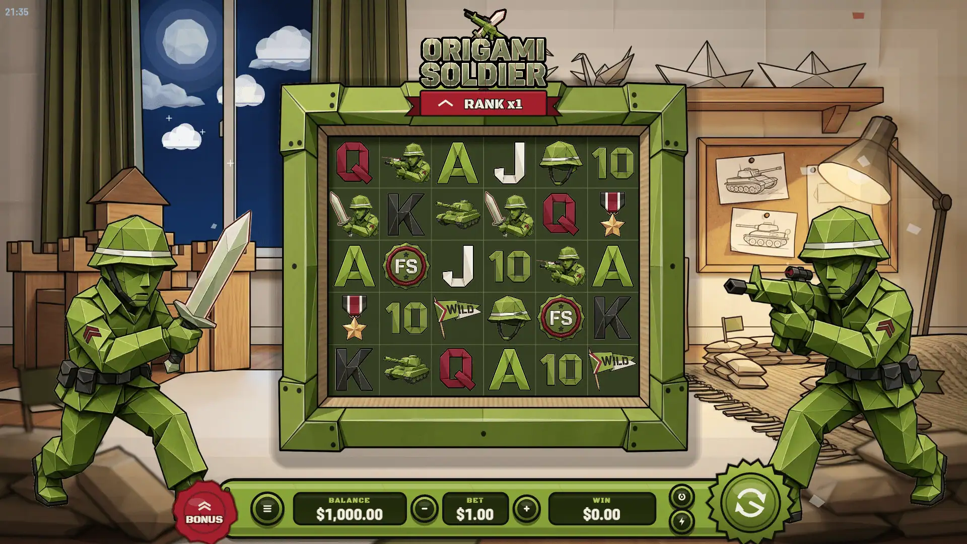 Origami Soldier slot gameplay reels
