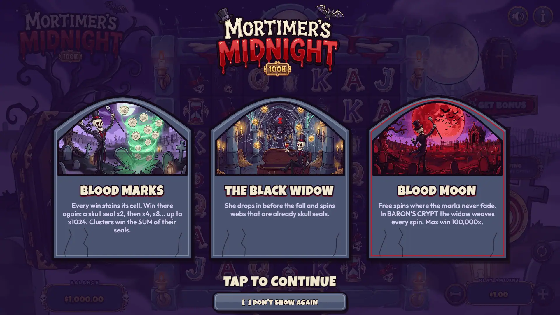 Mortimer's Midnight 100K slot intro screen