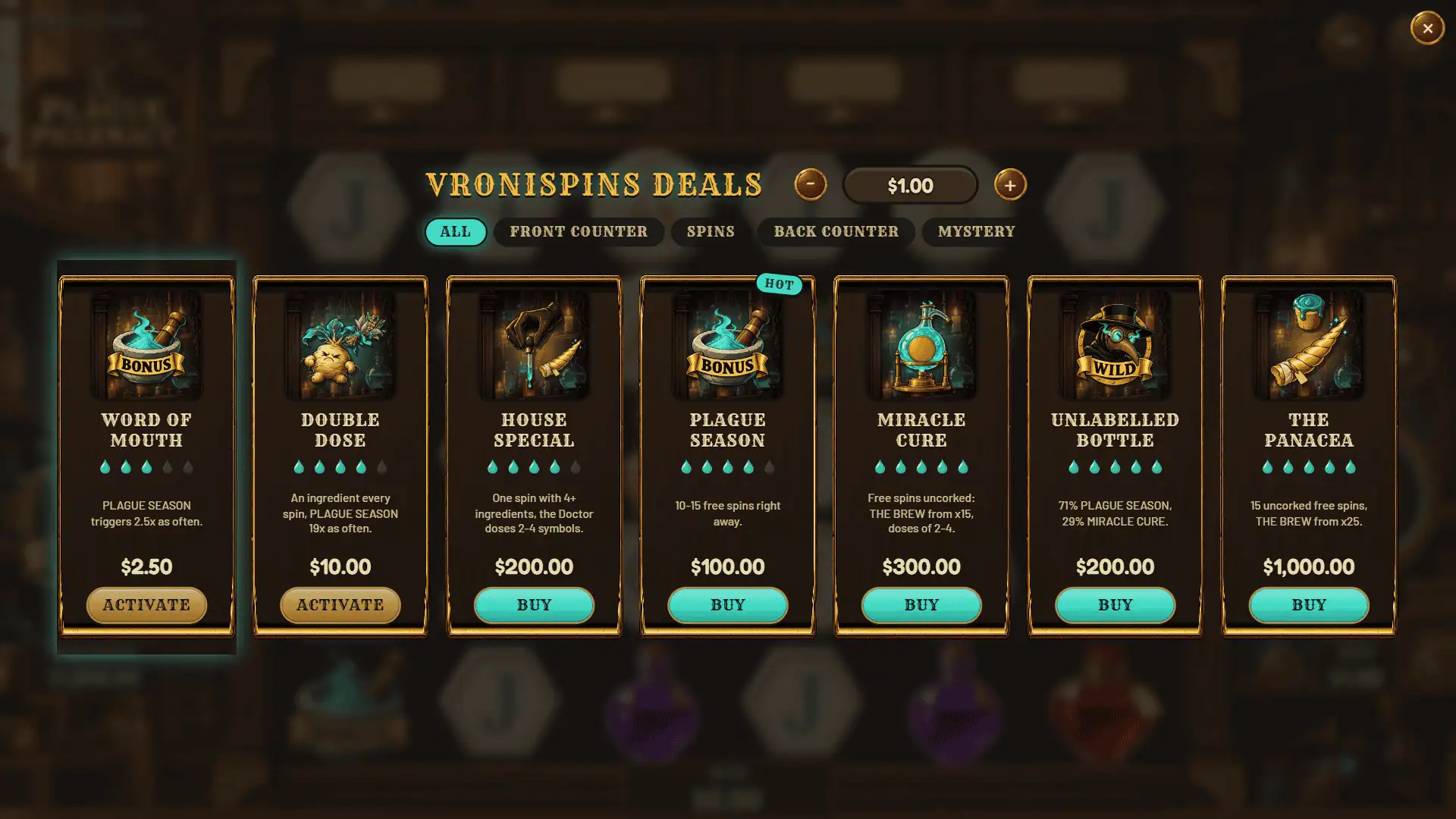 The Plague Pharmacy bonus buy menu