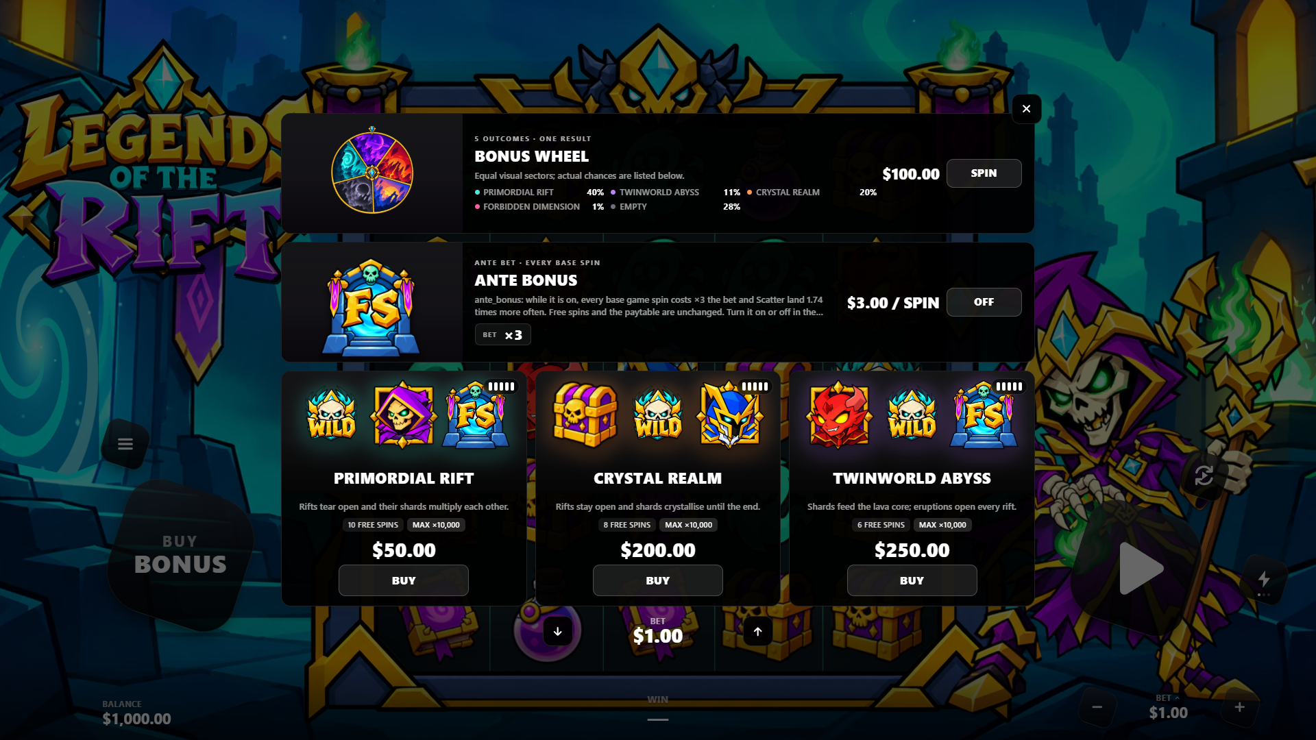 Legends of the Rift bonus buy menu