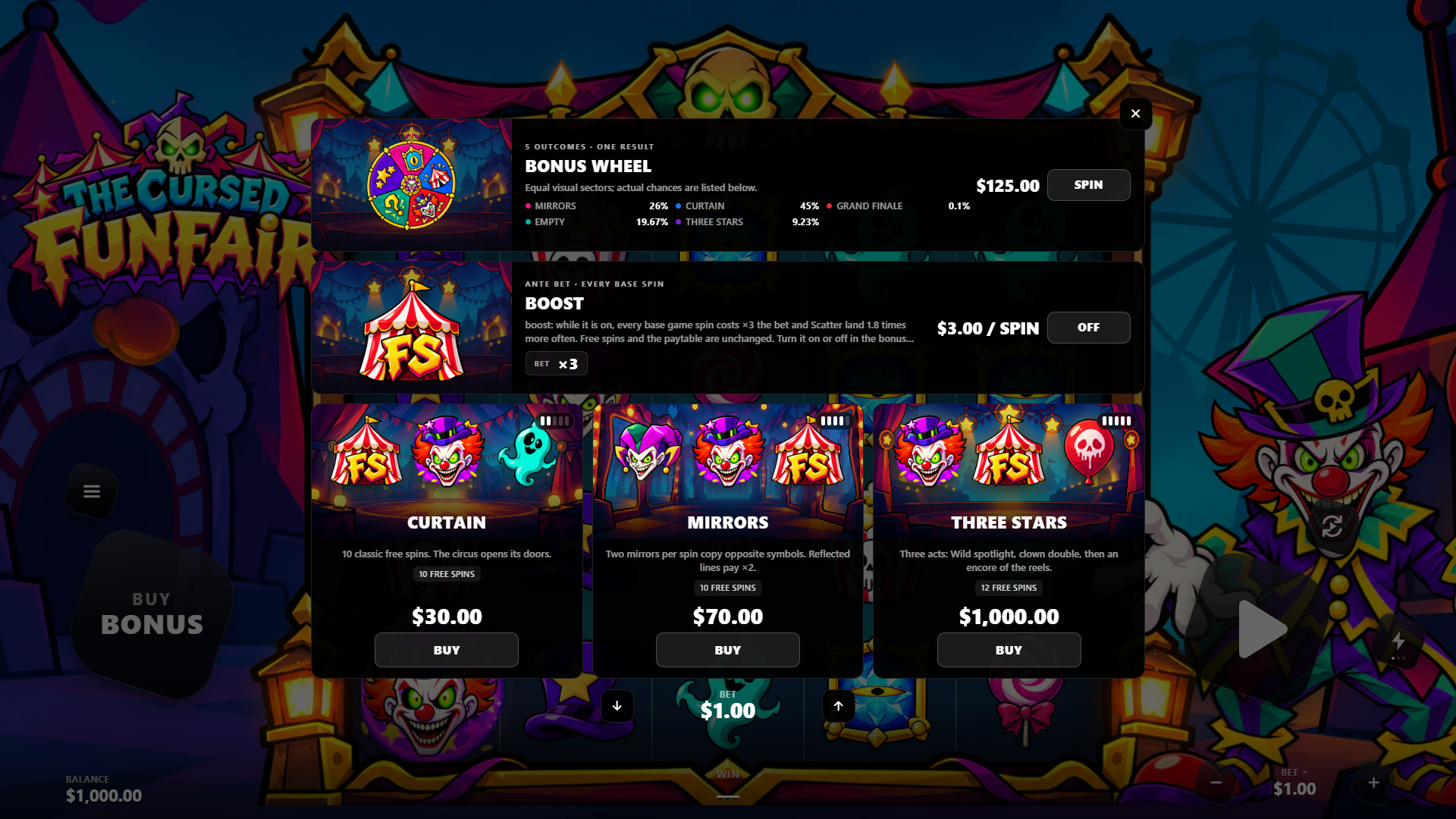 The Cursed Funfair bonus buy menu
