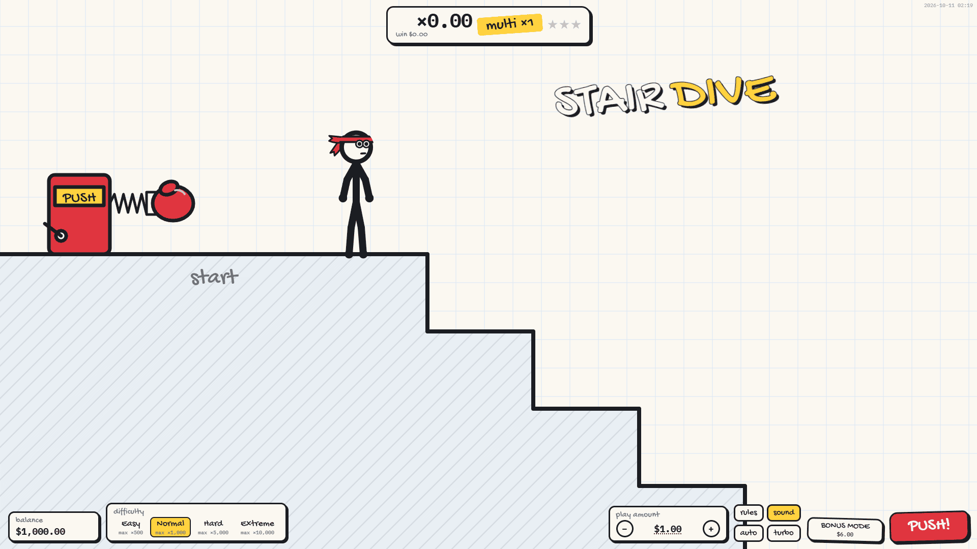 Stair Dive stickman at the top of the stairs