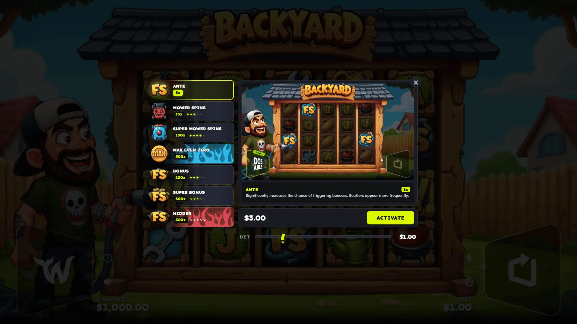 Backyard bonus buy menu