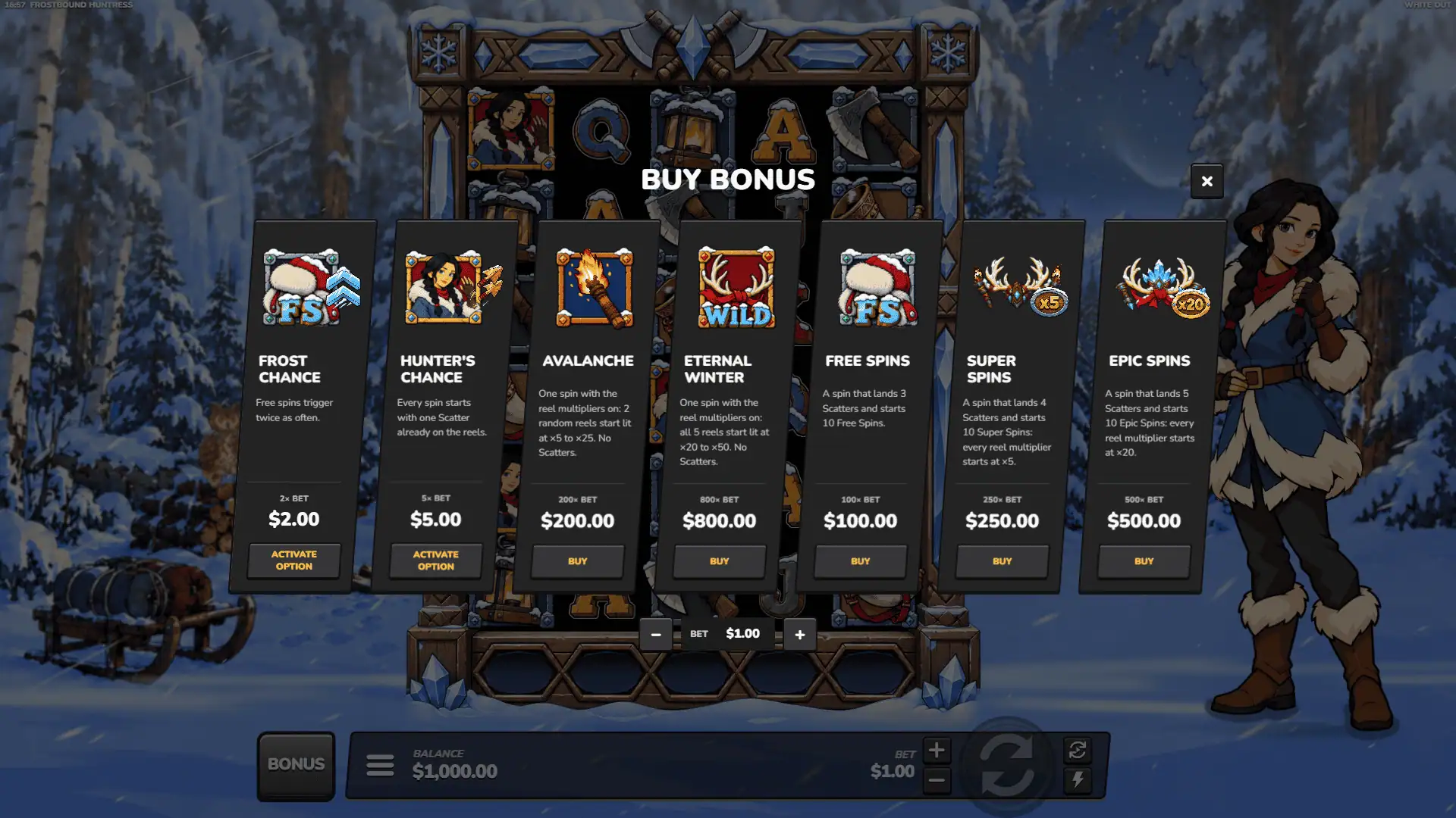 Frostbound Huntress bonus buy menu