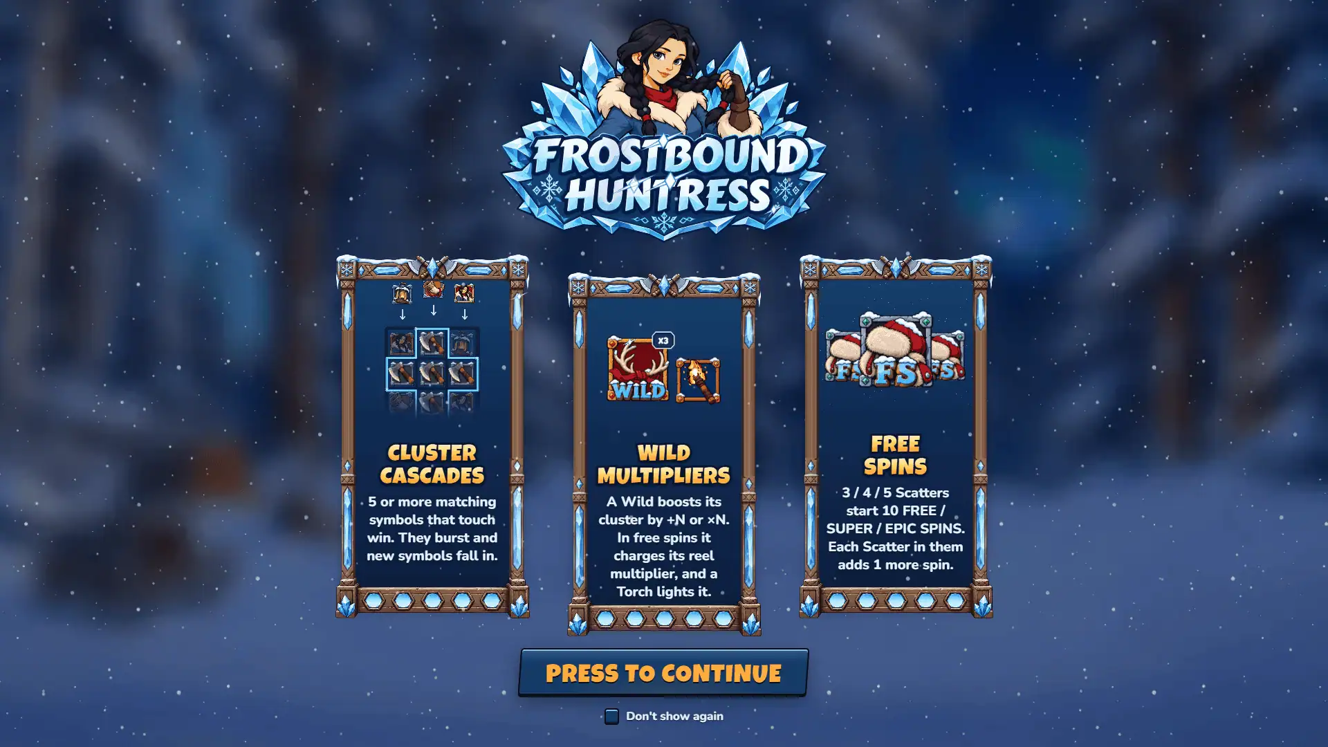 Frostbound Huntress slot intro screen