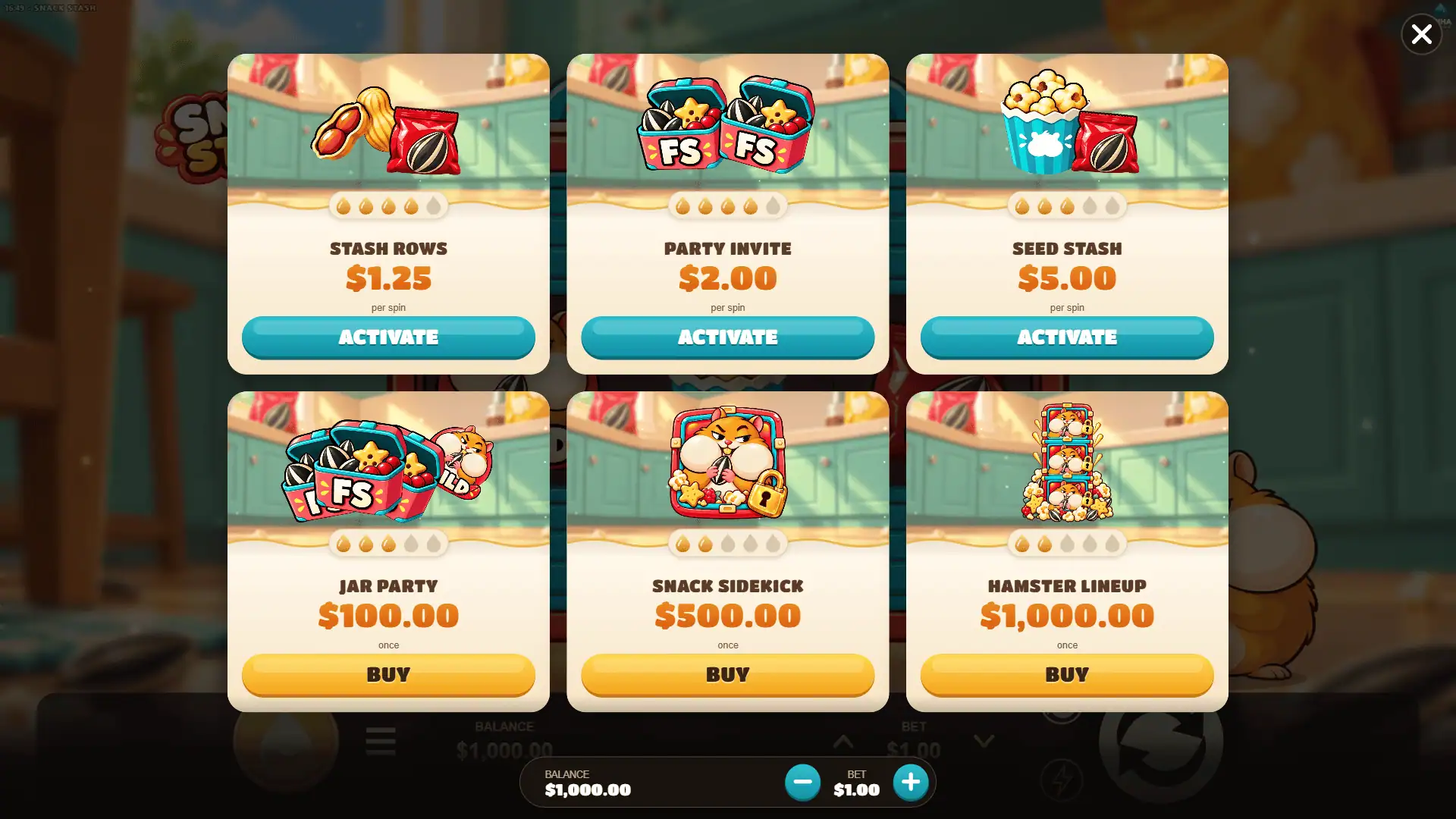 Snack Stash bonus buy menu
