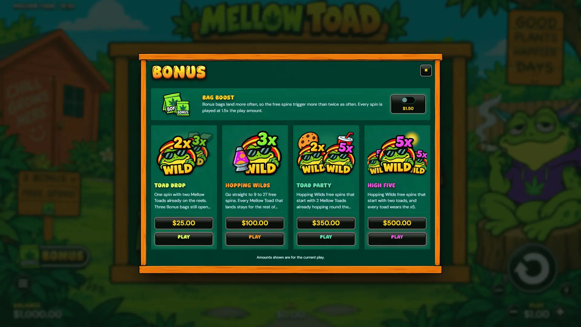 Mellow Toad bonus buy menu