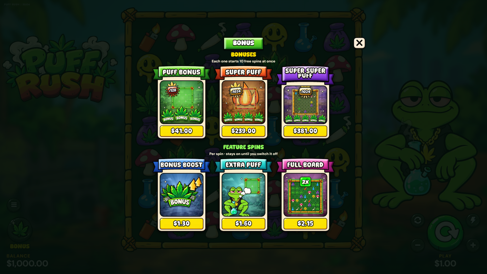Puff Rush bonus buy menu