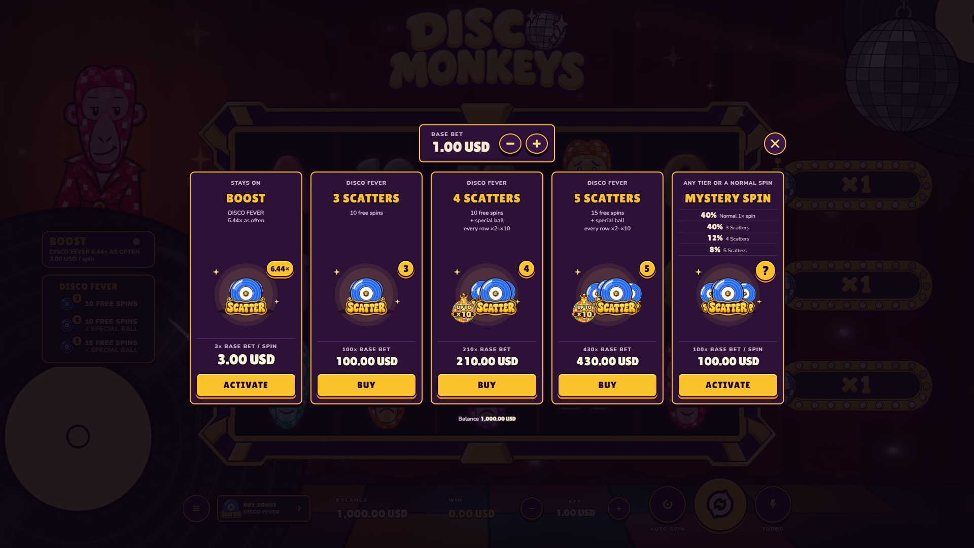 Disco Monkeys bonus buy menu