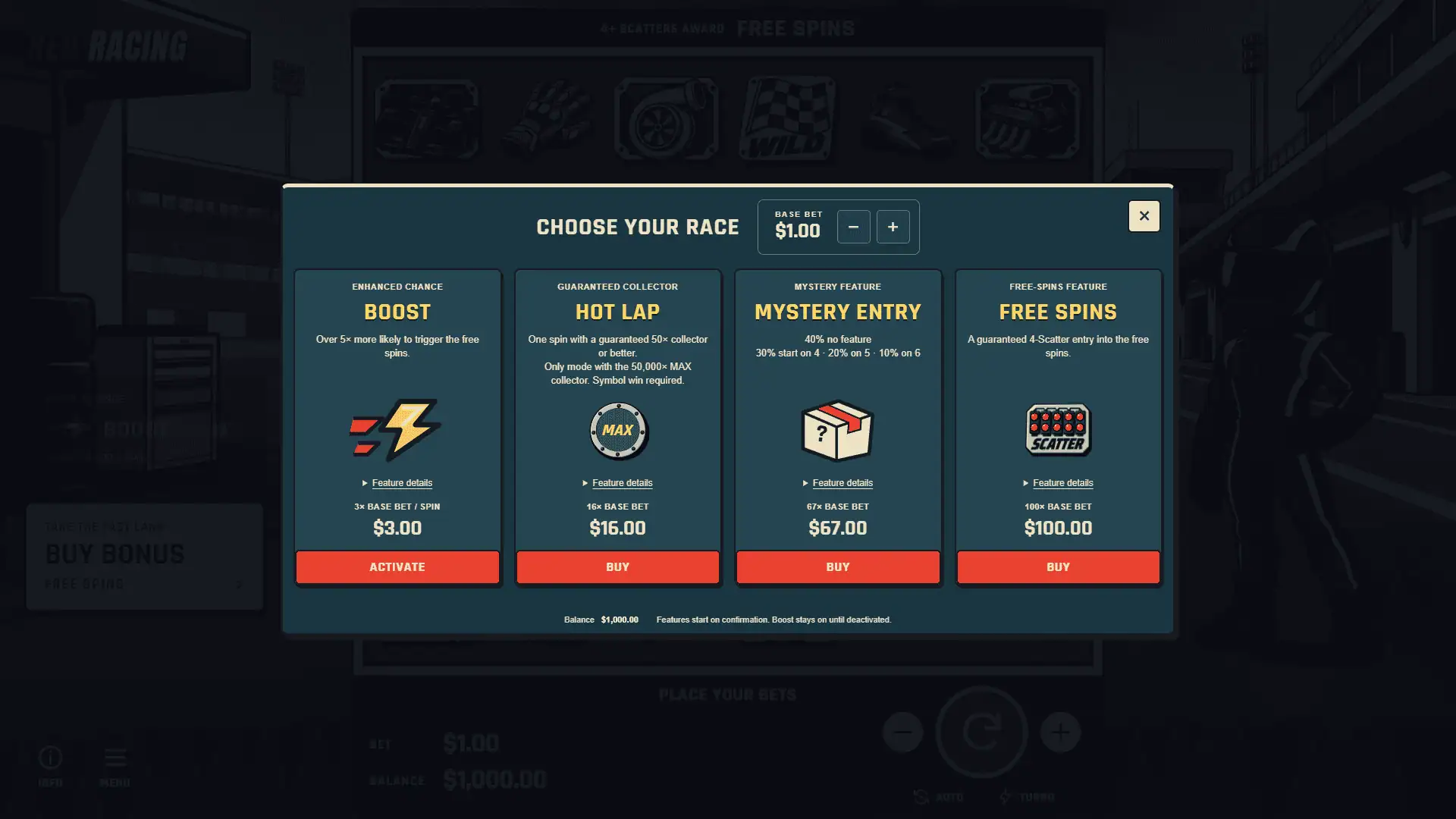 Red Racing bonus buy menu