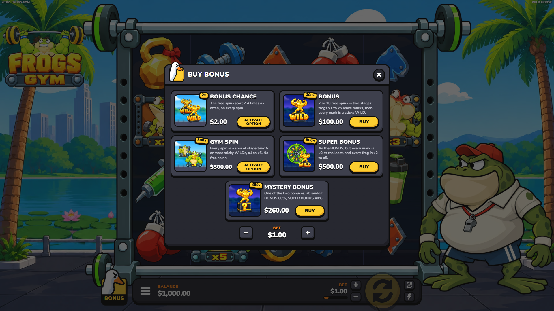 Frogs Gym bonus buy menu