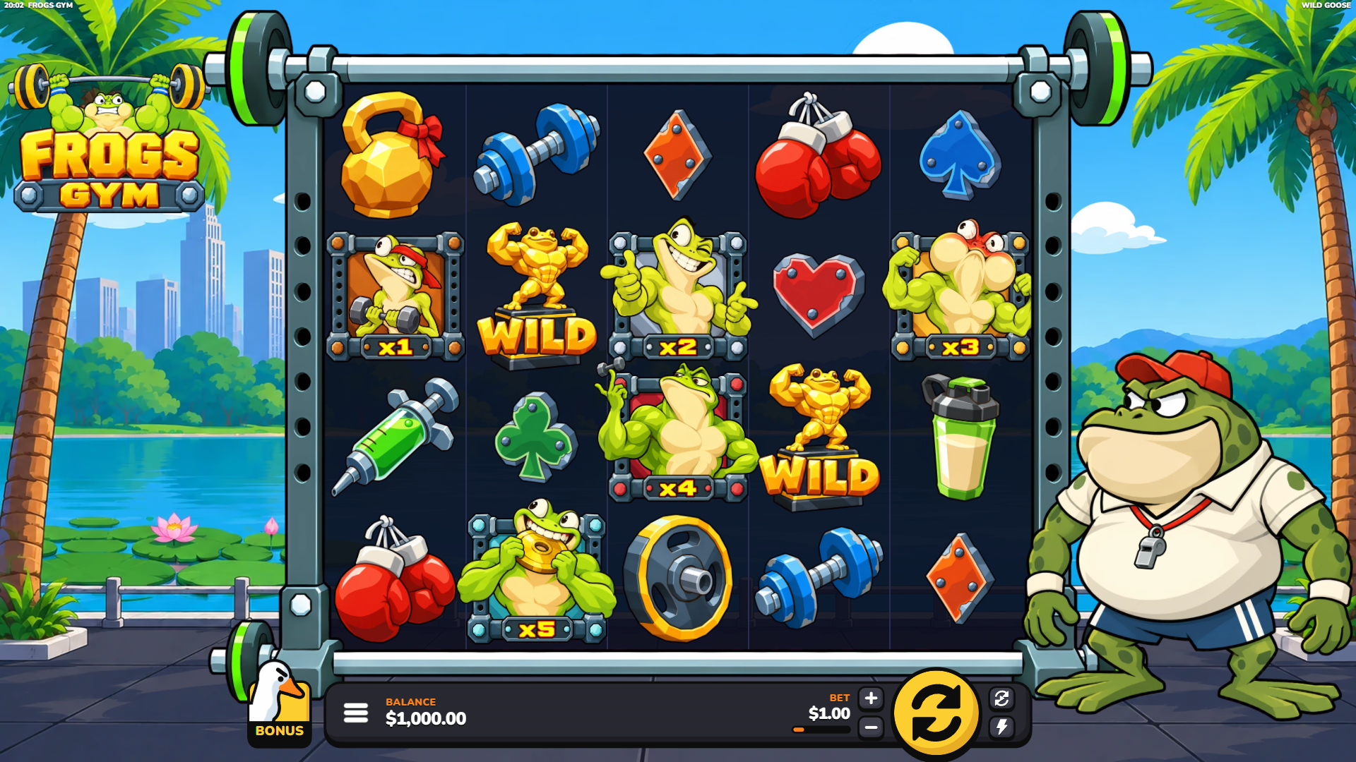 Frogs Gym slot gameplay reels