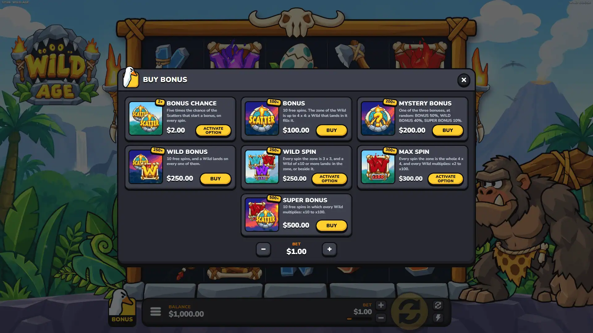 Wild Age bonus buy menu