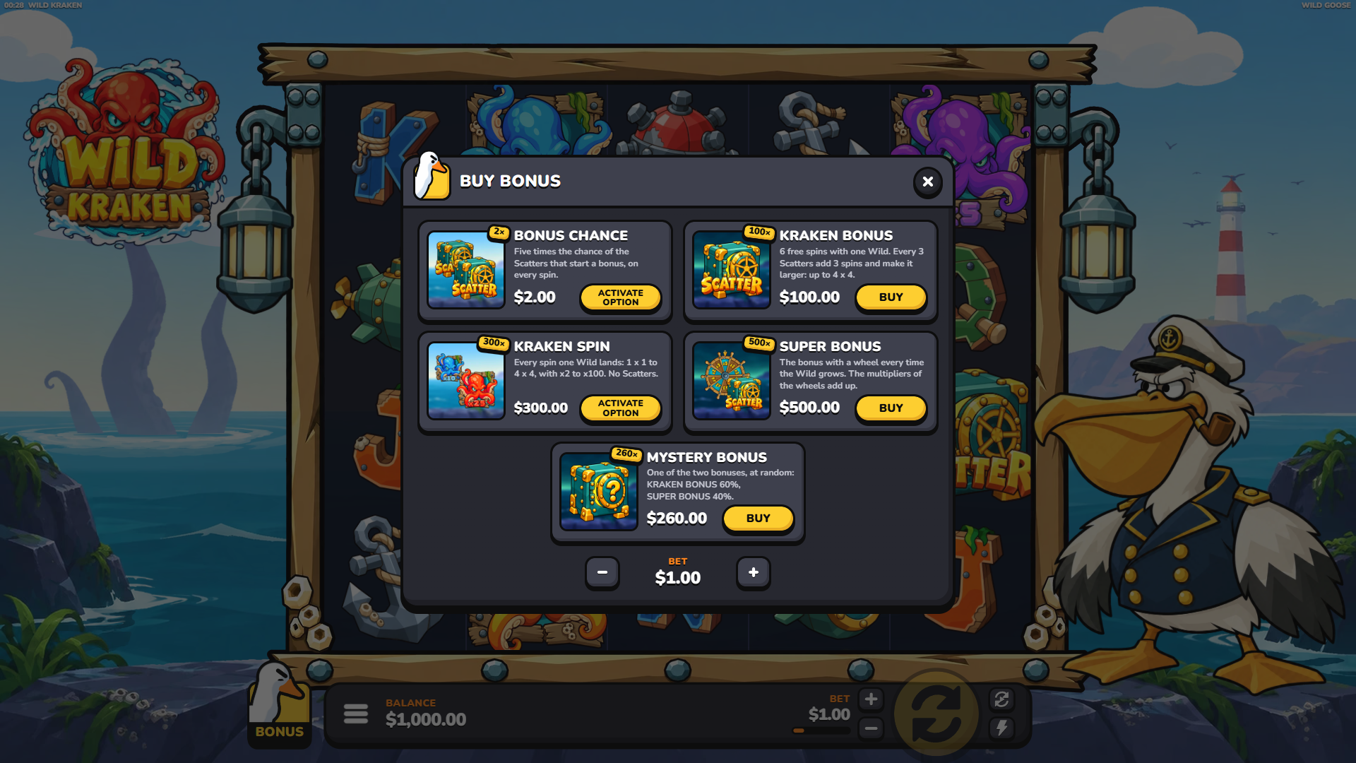 Wild Kraken bonus buy menu