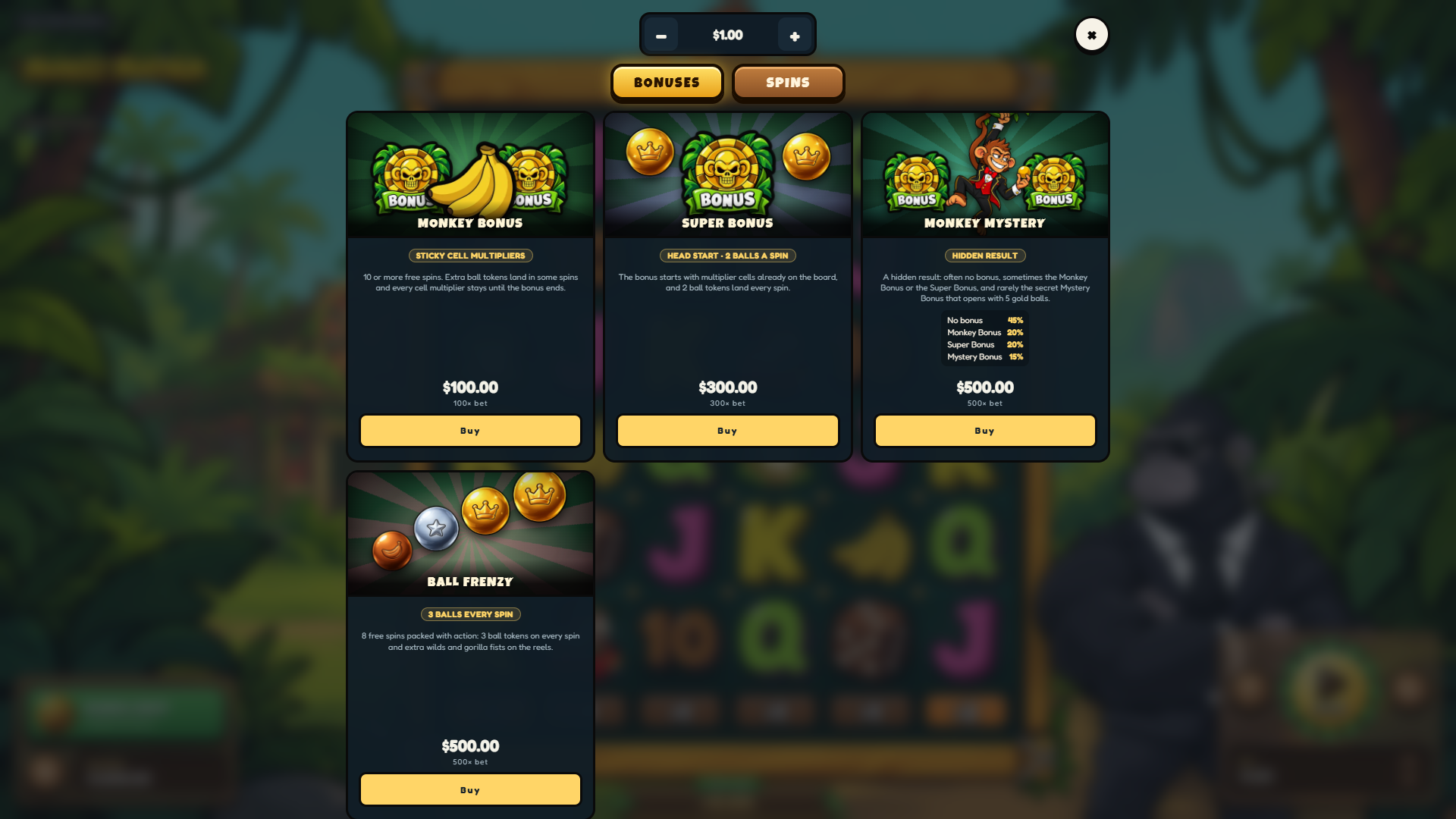 Monkey Mayhem bonus buy menu